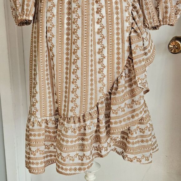 Calvin‎ Klein Women's Cream & Tan Floral Embroidered Belted Faux Wrap Dress S - Picture 4 of 10